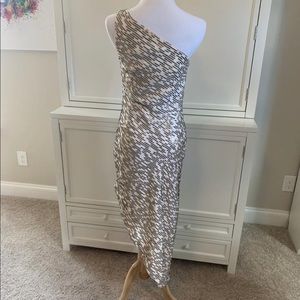 Halston Gold Shoulder Sequin Asymmetrical Dress